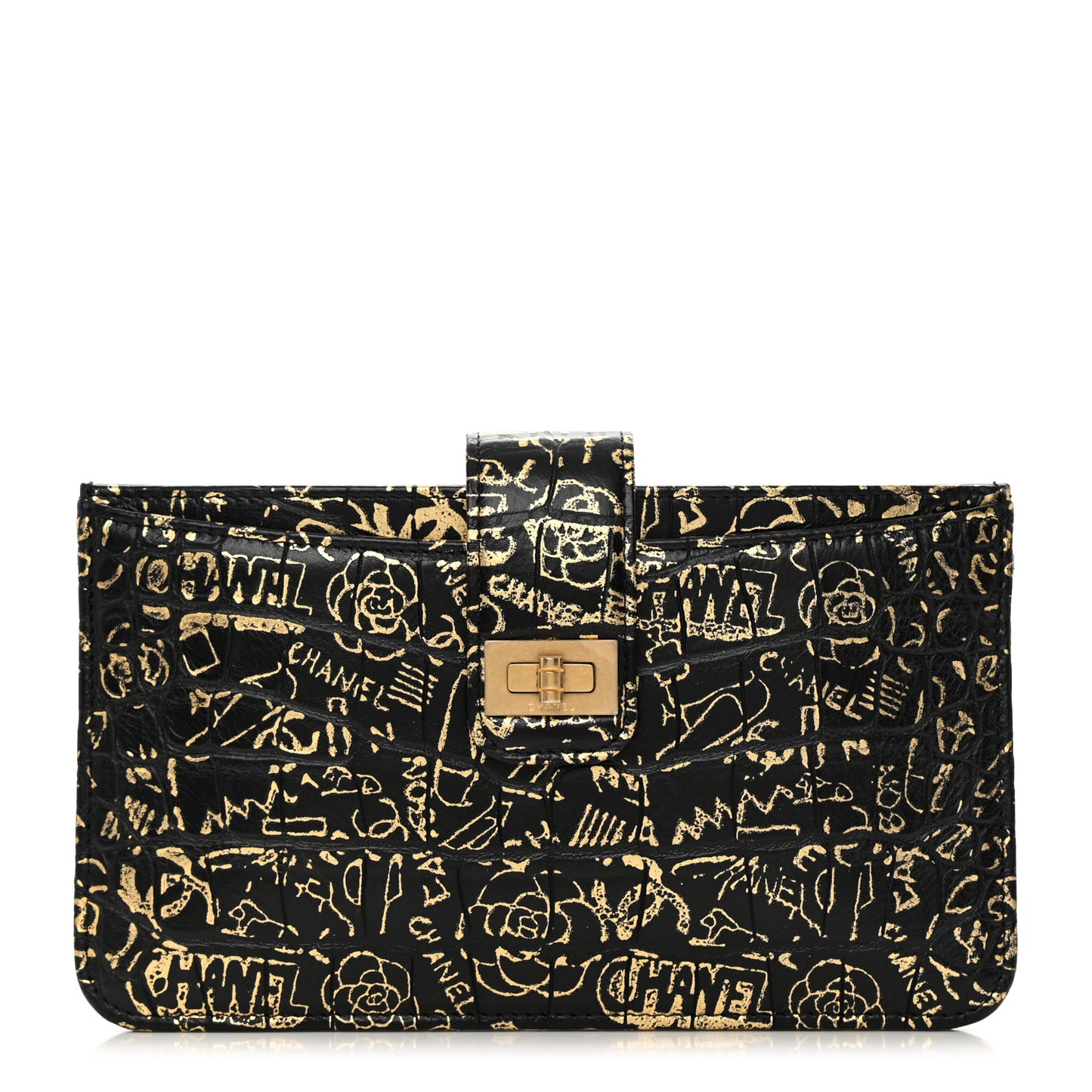 Calfskin Crocodile Embossed Graffiti 2.55 Cocodile Reissue Strap Pouch Black Gold