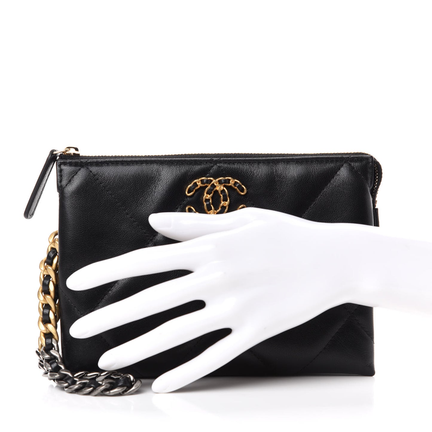 Shiny Goatskin Quilted Small Chanel 19 Pouch With Handle Black