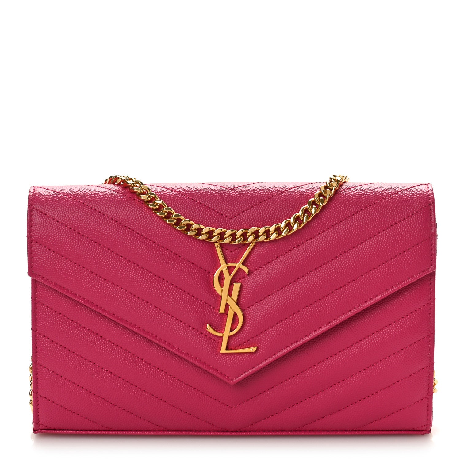 Saint Laurent Grain De Poudre Matelasse Chevron Monogram Chain Wallet Lipstick Fuchsia 1 of 8