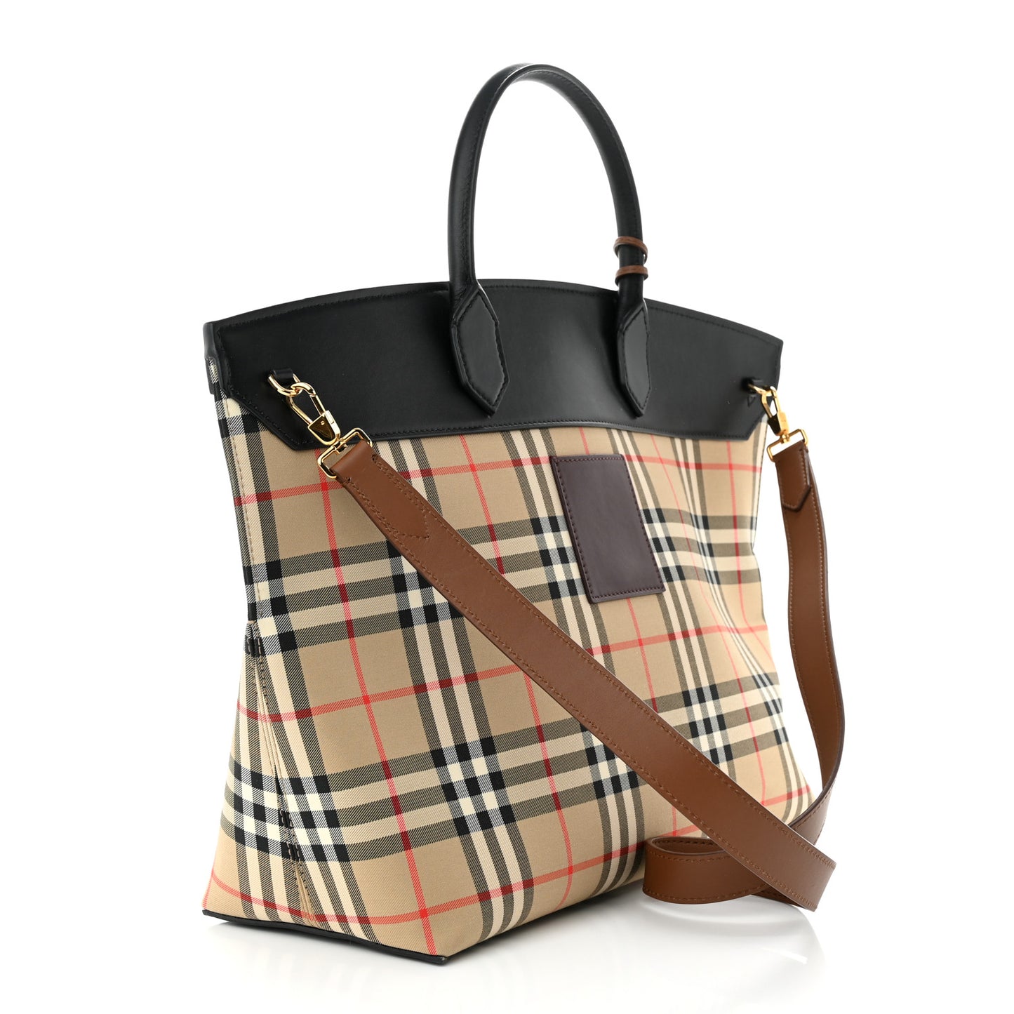 Calfskin House Check Medium Society Top Handle Bag Archive Beige Black