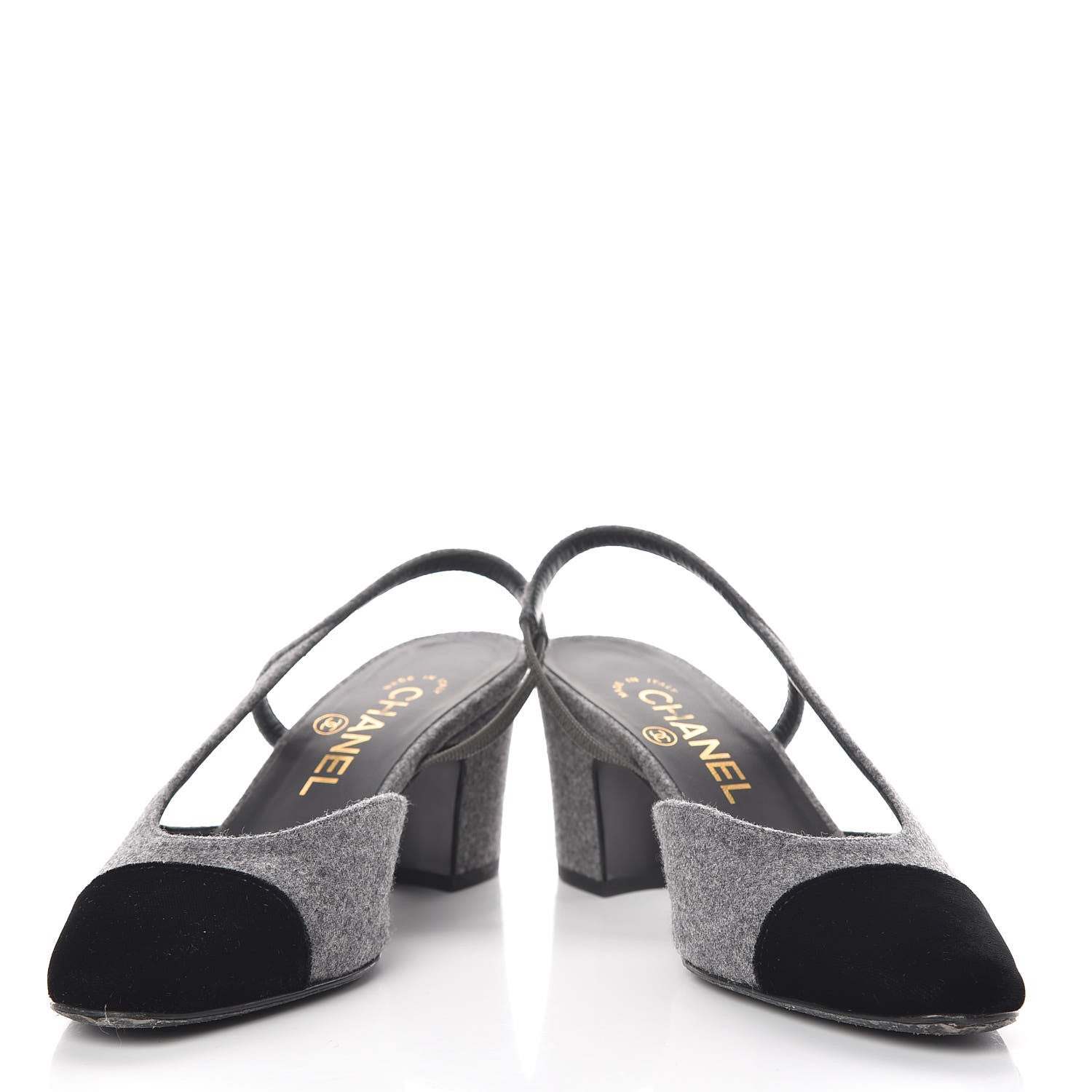 Chanel Wool Velvet Cap Toe CC Slingback Pumps 35.5 Black Grey 5 of 9