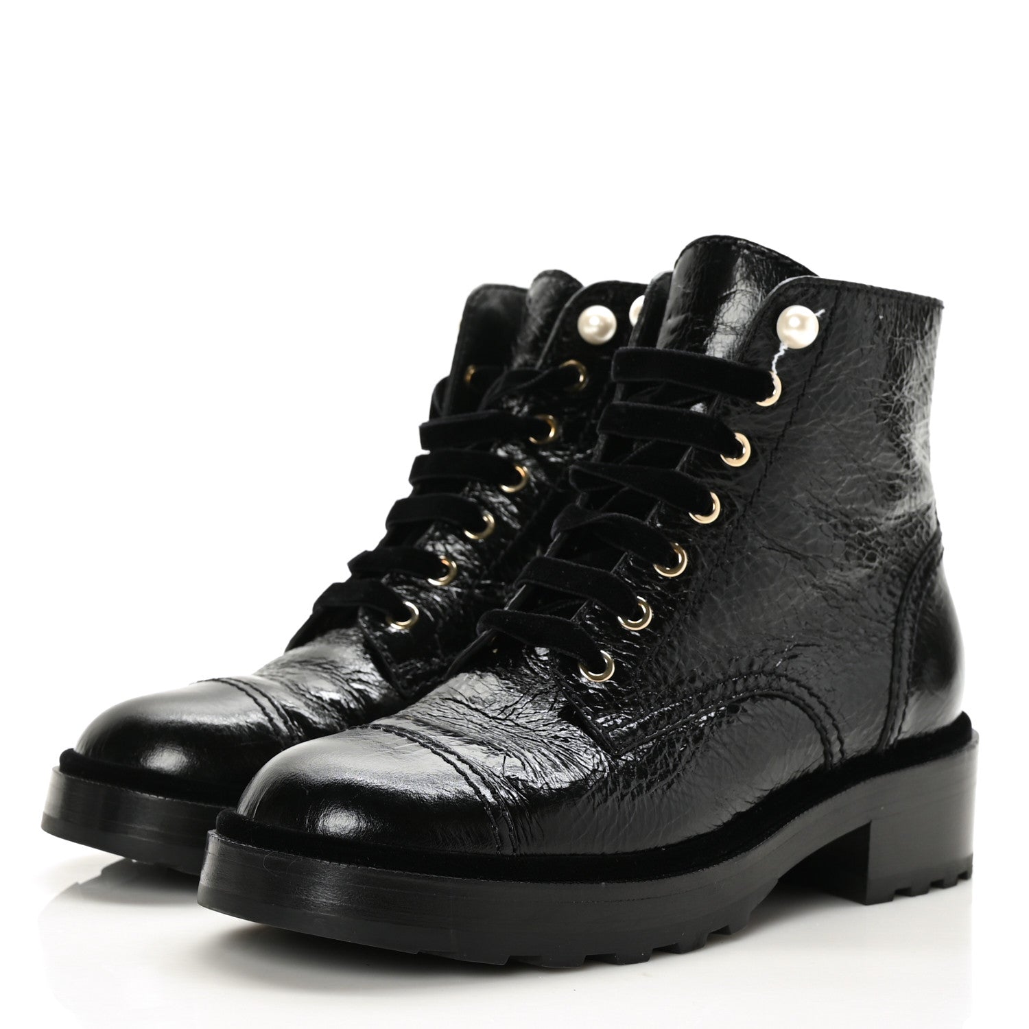 Chanel Shiny Calfskin Velvet Pearl Combat Short Boots 38 Black 3 of 7