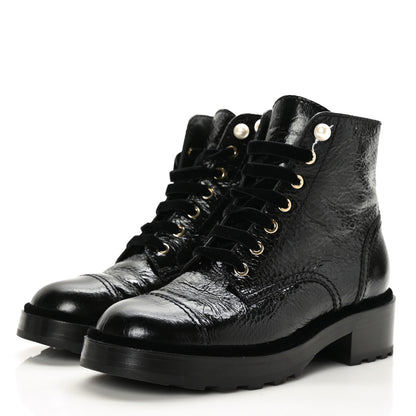 Chanel Shiny Calfskin Velvet Pearl Combat Short Boots 38 Black 3 of 7