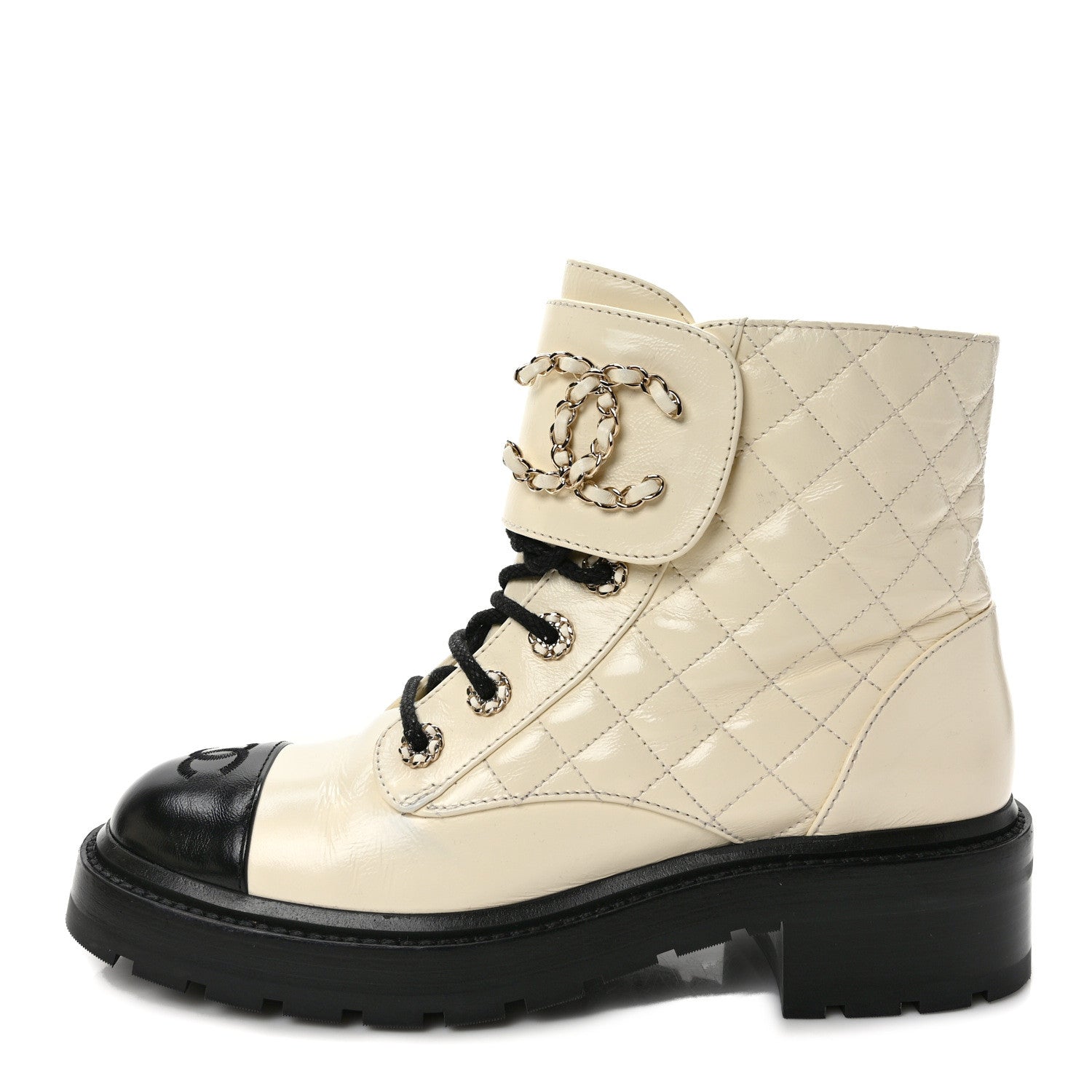 Chanel Shiny Goatskin Calfskin Quilted Lace Up Combat Boots 38.5 White Black 1 of 10