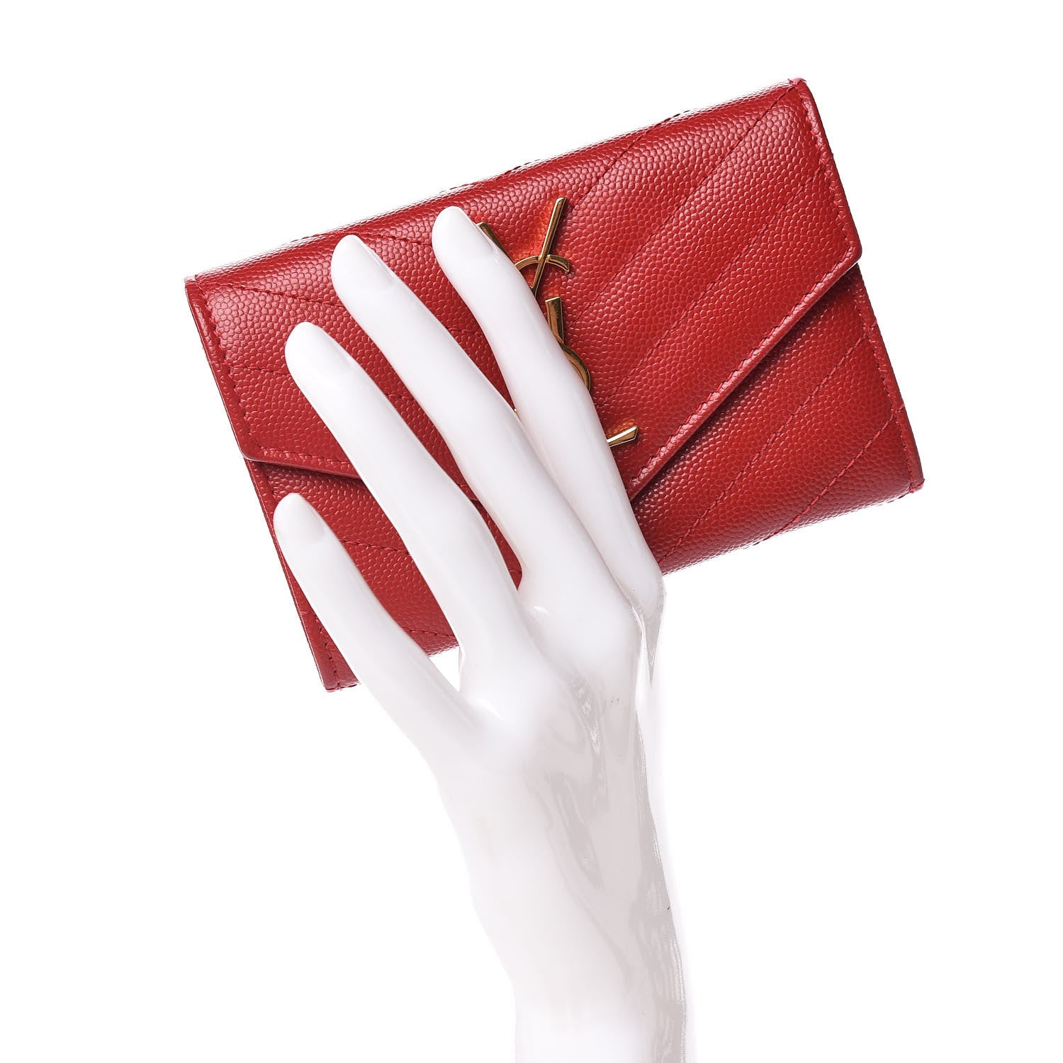 Saint Laurent Grain De Poudre Matelasse Chevron Small Monogram Envelope Wallet Rouge Eros 2 of 7