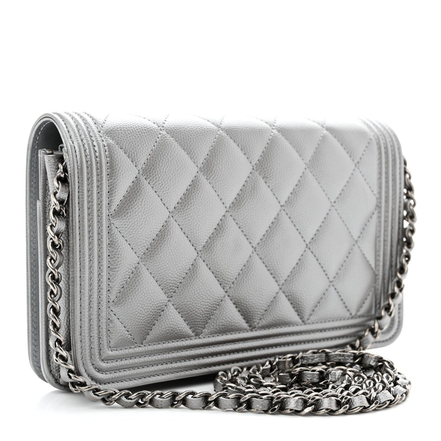 Metallic Caviar Quilted Boy Wallet On Chain WOC Silver