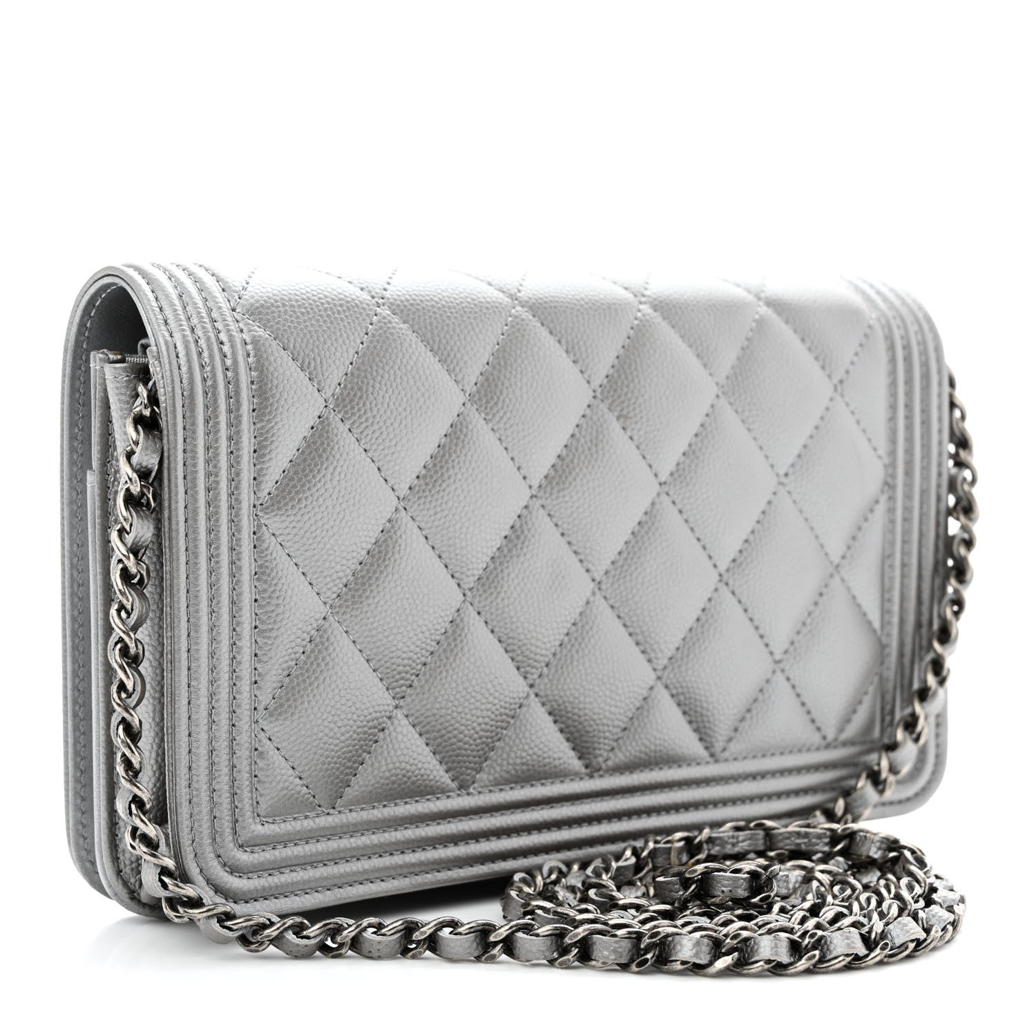 Chanel Metallic Caviar Quilted Boy Wallet On Chain WOC Silver 3 of 12