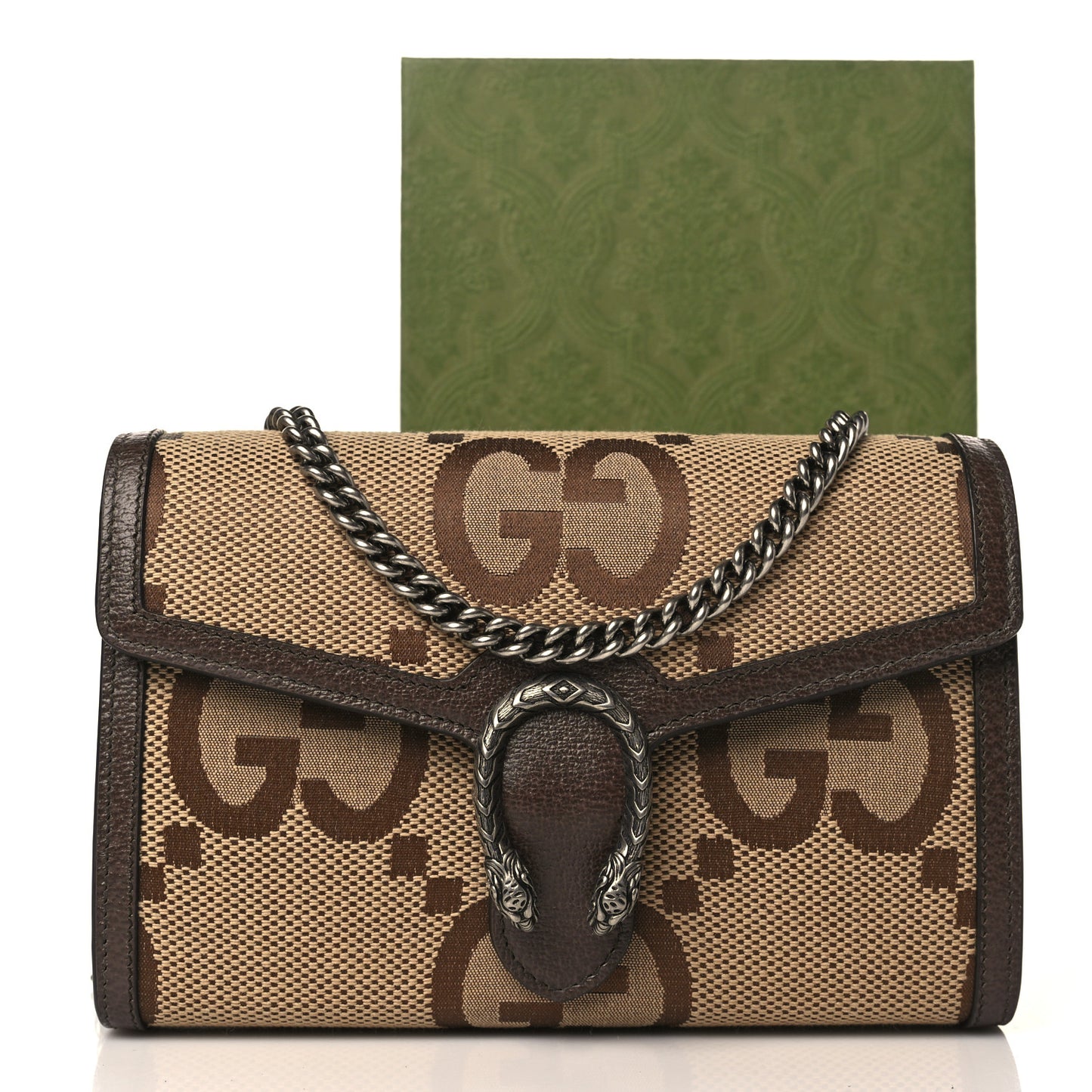 Monogram Jumbo GG Textured Dollar Calfskin Mini Dionysus Chain Wallet Camel Ebony New Acero