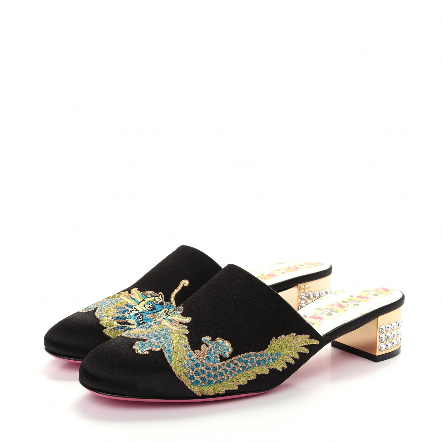 Satin Dragon Embroidered Candy Mules 38.5 Black