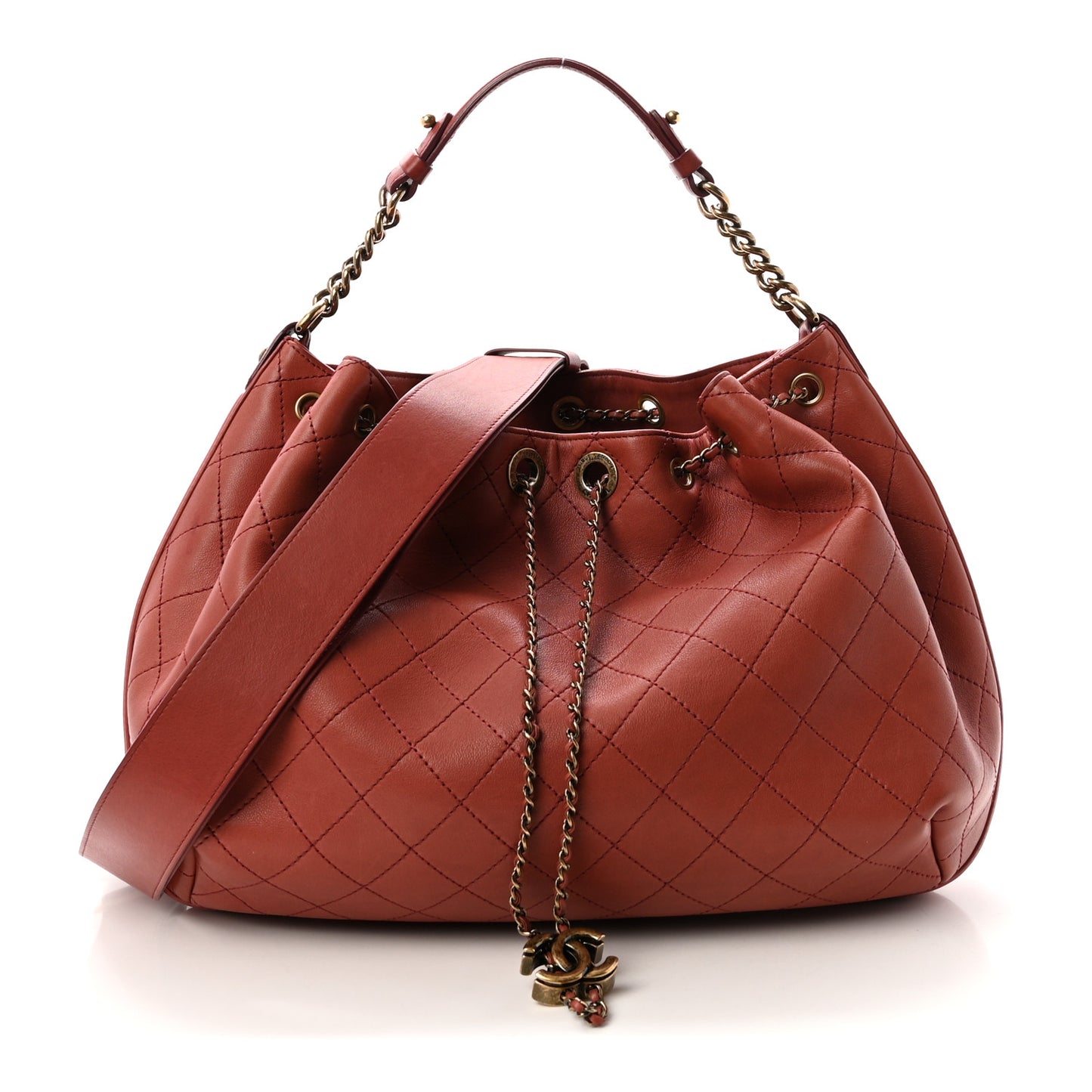 Calfskin Stitched Large Drawstring CC Bag Burgundy
