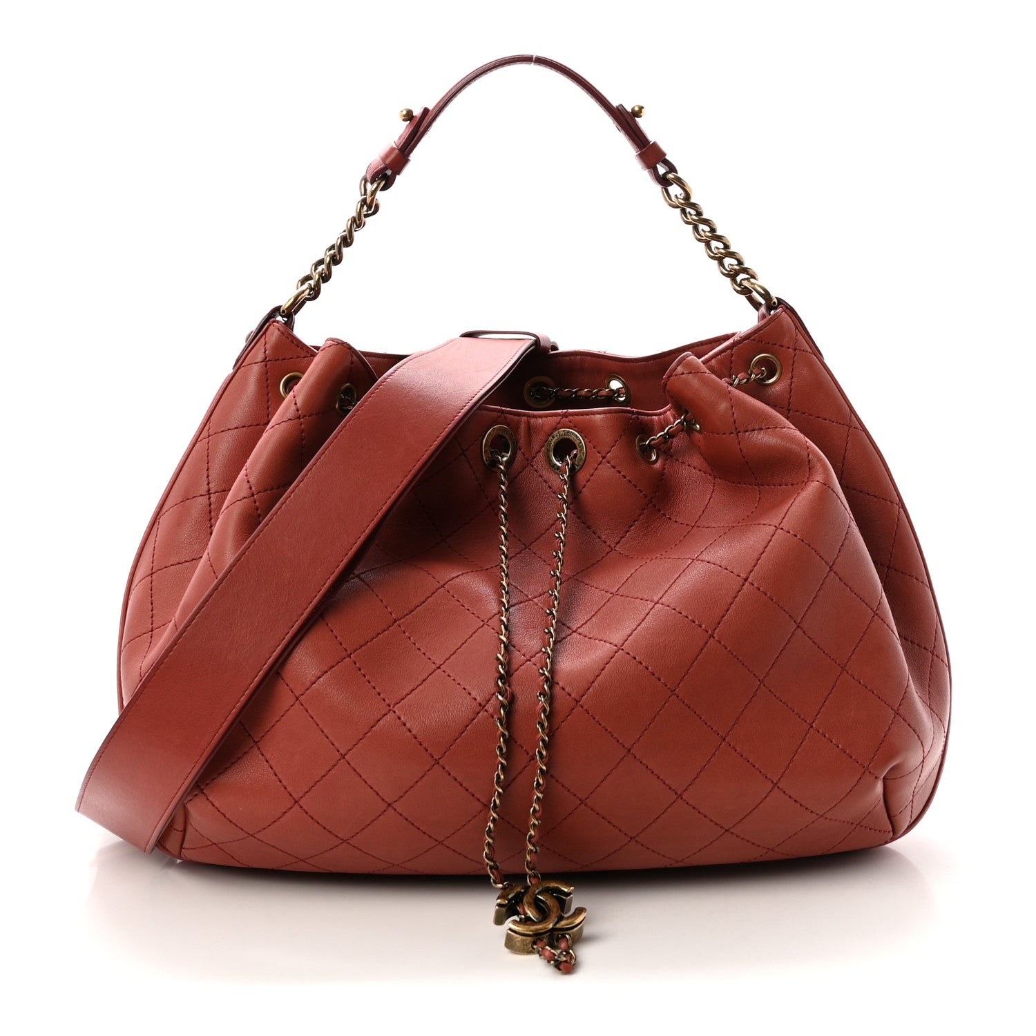Chanel Calfskin Stitched Large Drawstring CC Bag Burgundy 1 of 10