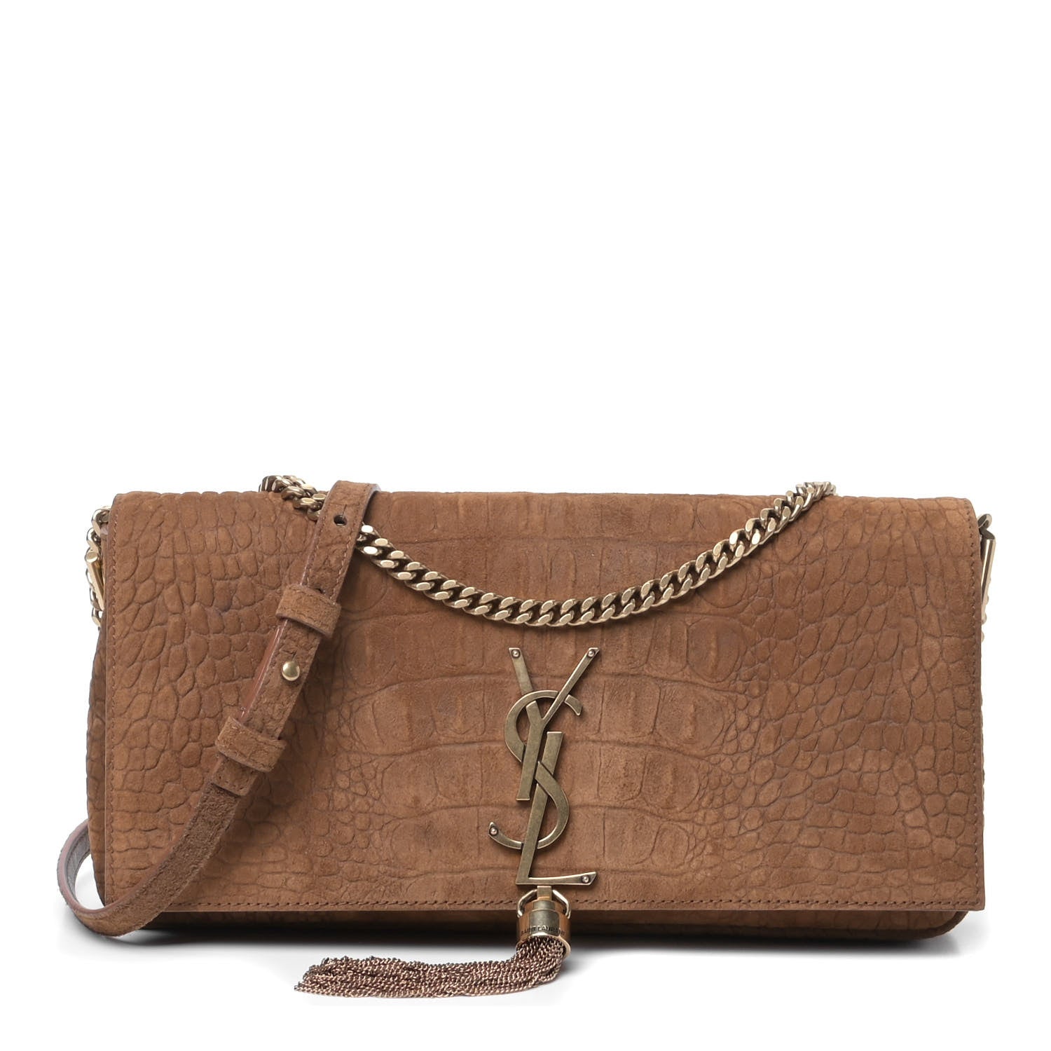 Saint Laurent Crocodile Embossed Suede Monogram Tassel Kate 99 Tan 1 of 5