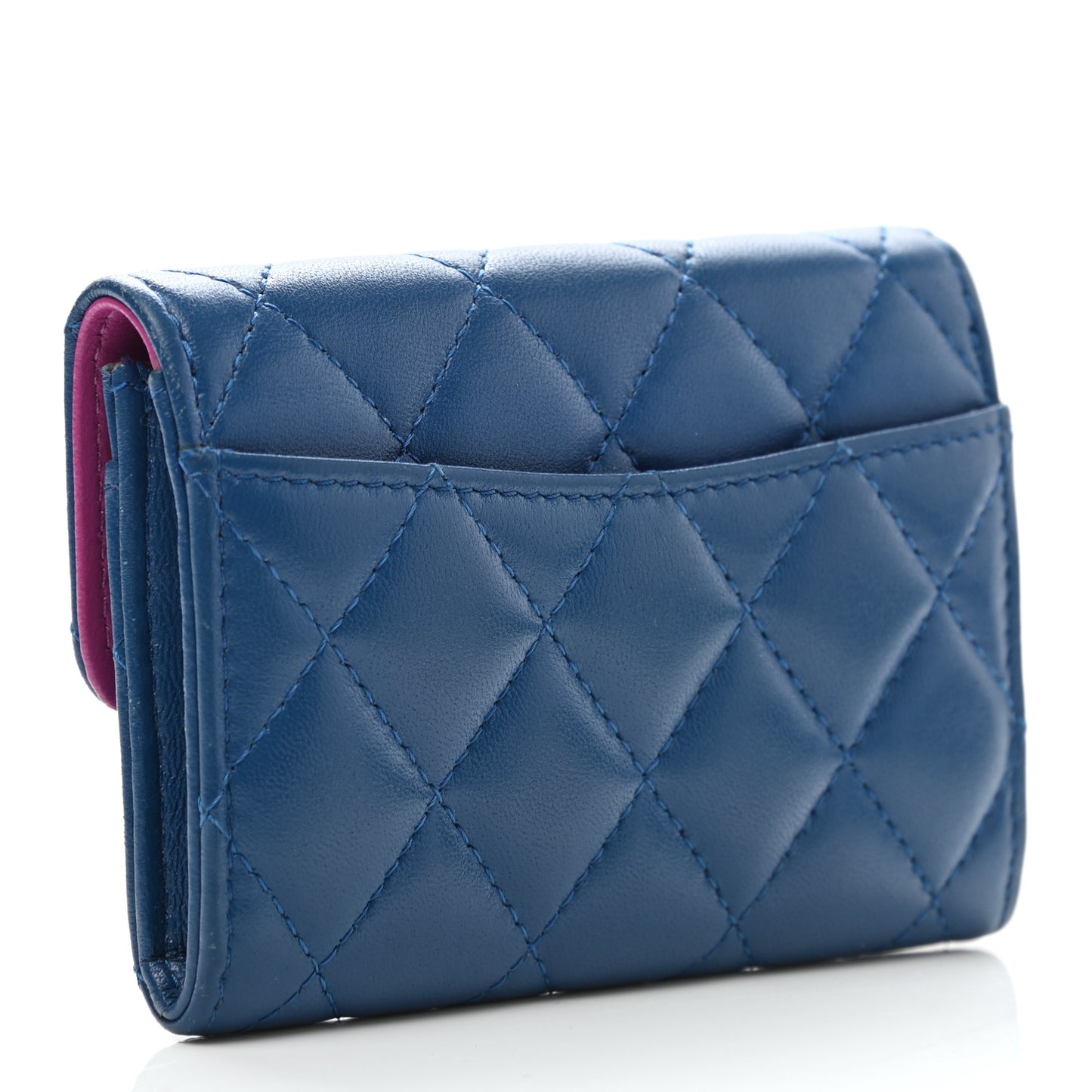 Lambskin Quilted Flap Card Holder Wallet Blue Pink
