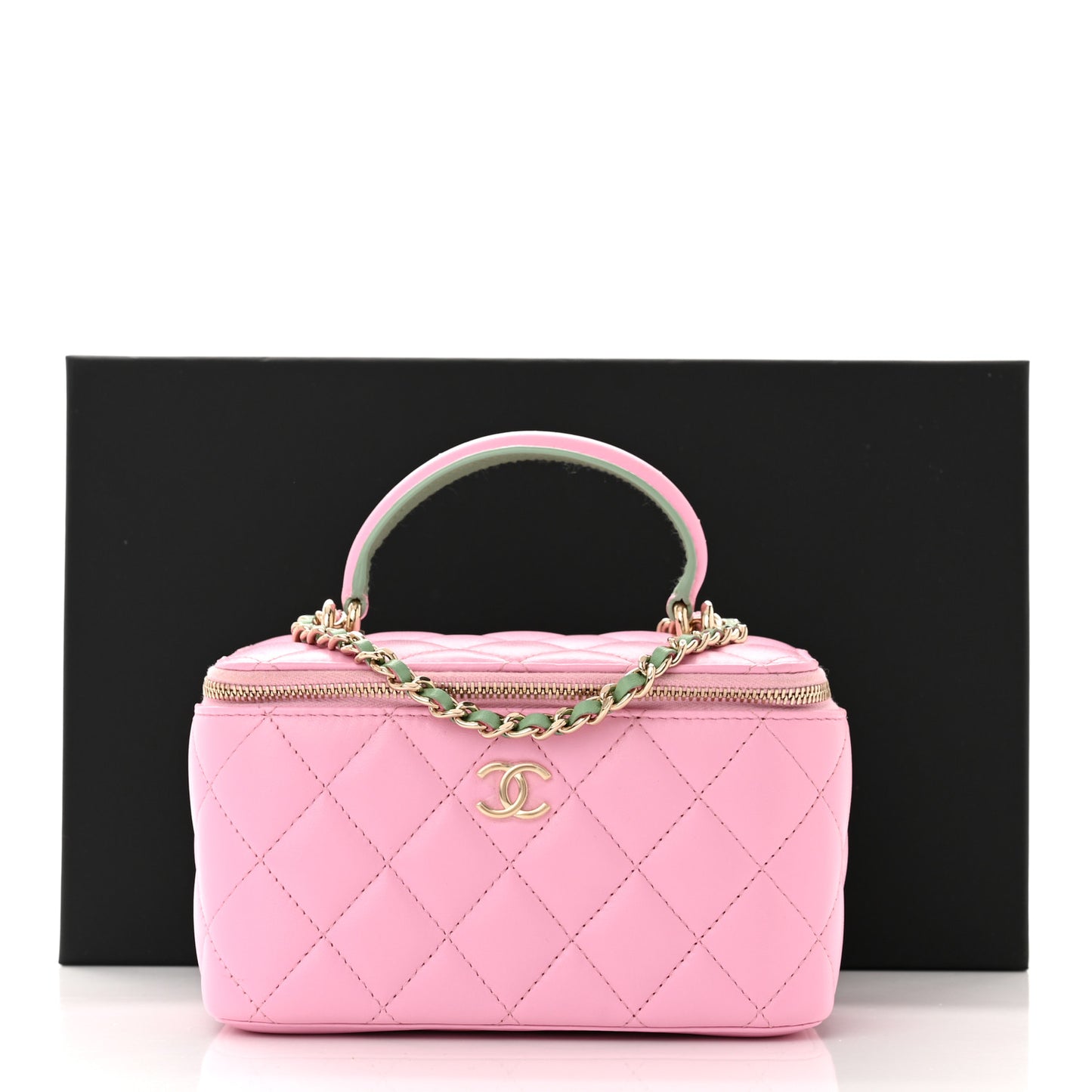 Lambskin Quilted Small Top Handle Vanity Case With Chain Lilac Light Green