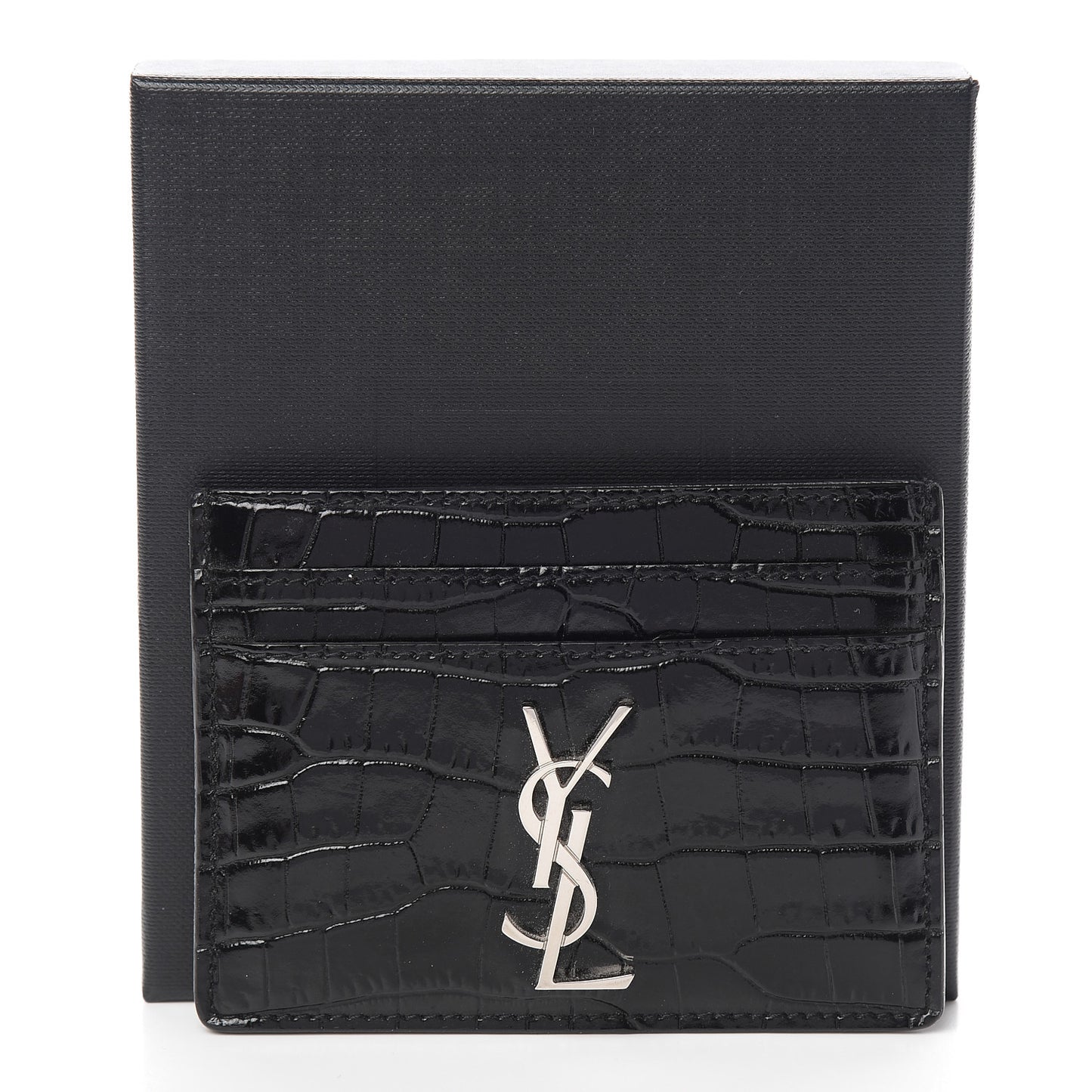 Calfskin Crocodile Embossed Monogram Credit Card Case Black