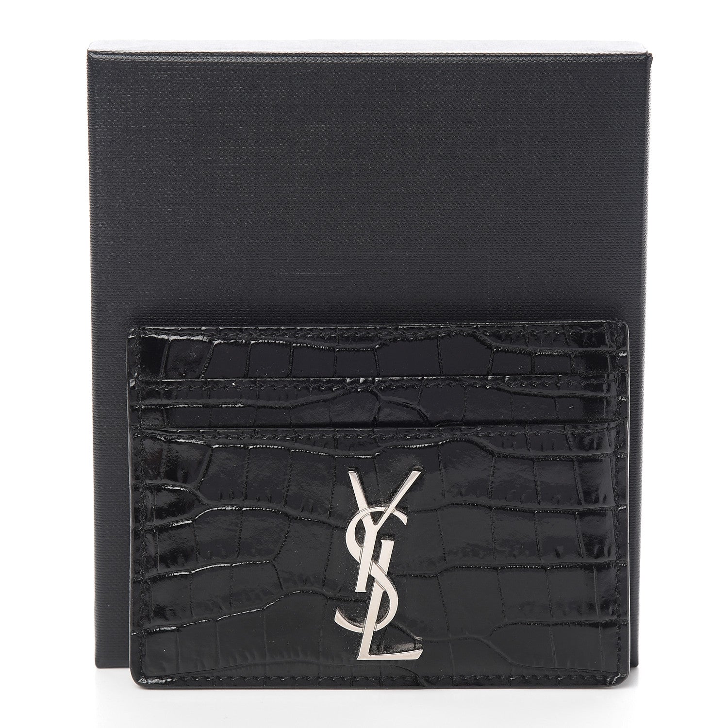 Saint Laurent Calfskin Crocodile Embossed Monogram Credit Card Case Black 9 of 9