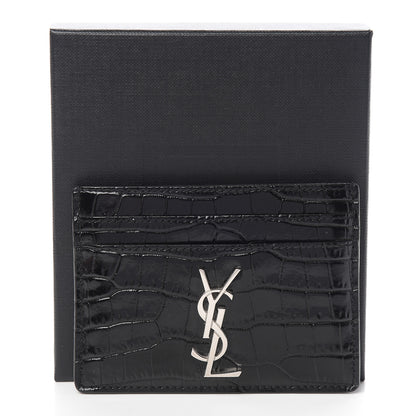 Saint Laurent Calfskin Crocodile Embossed Monogram Credit Card Case Black 9 of 9