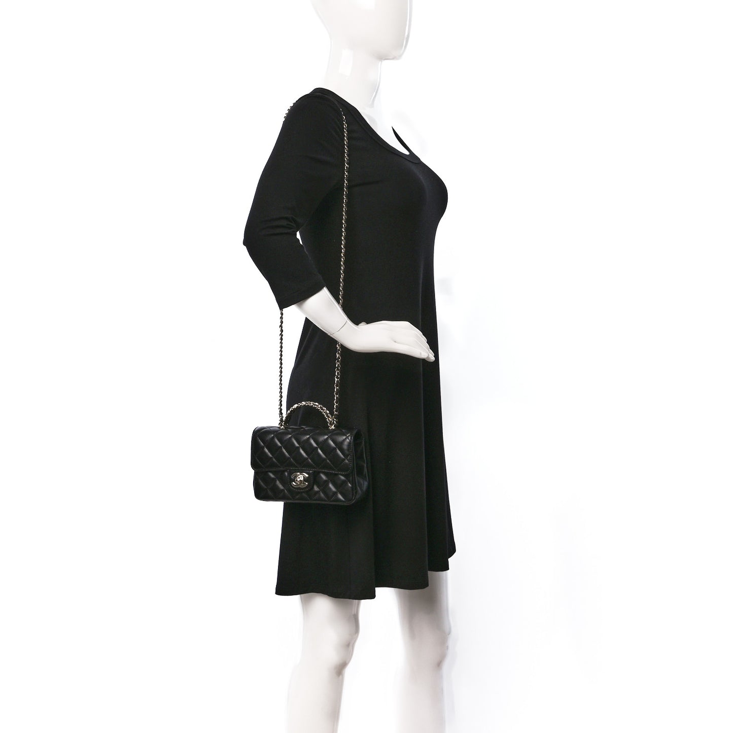 Lambskin Quilted Mini Crystal Top Handle Rectangular Flap Black