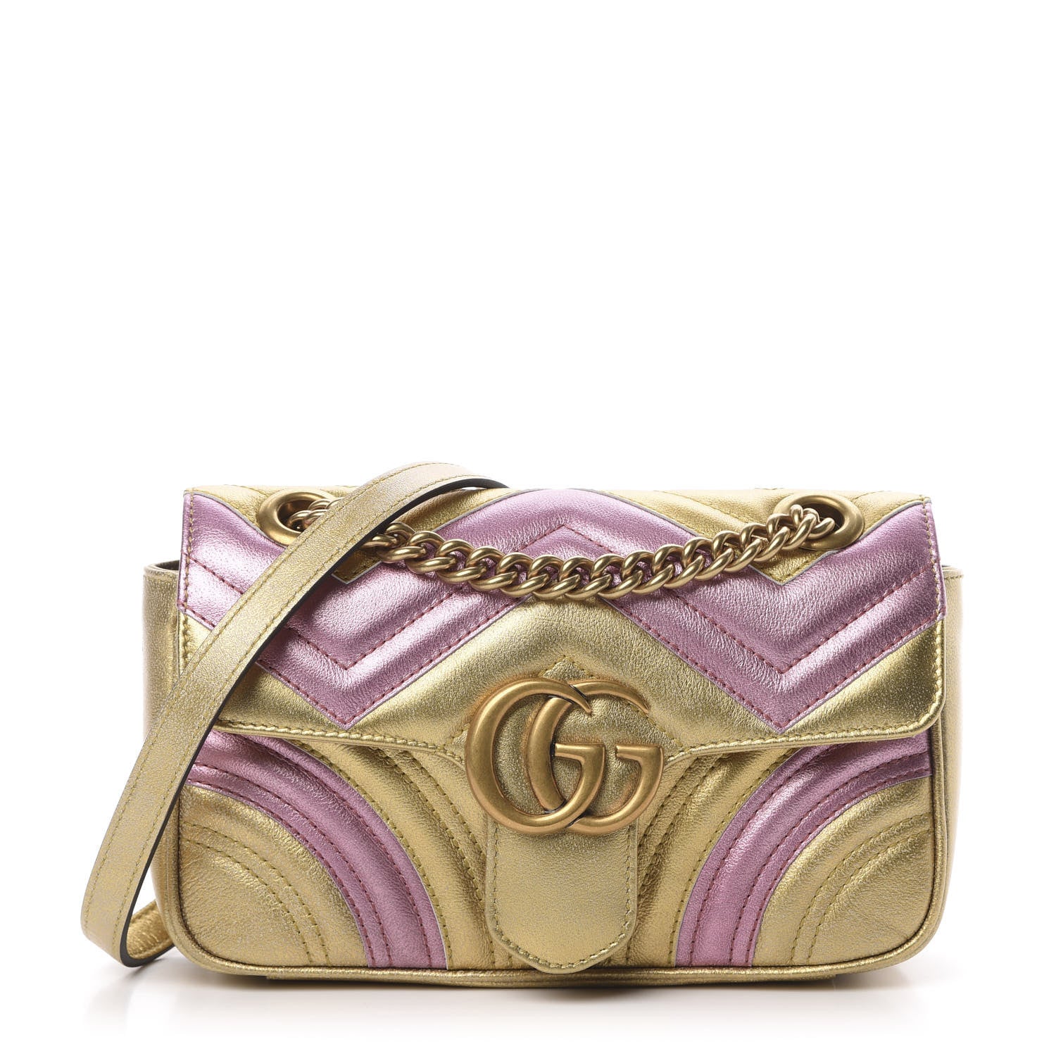 Gucci Metallic Calfskin Matelasse Mini GG Marmont Shoulder Bag Gold Pink 1 of 10