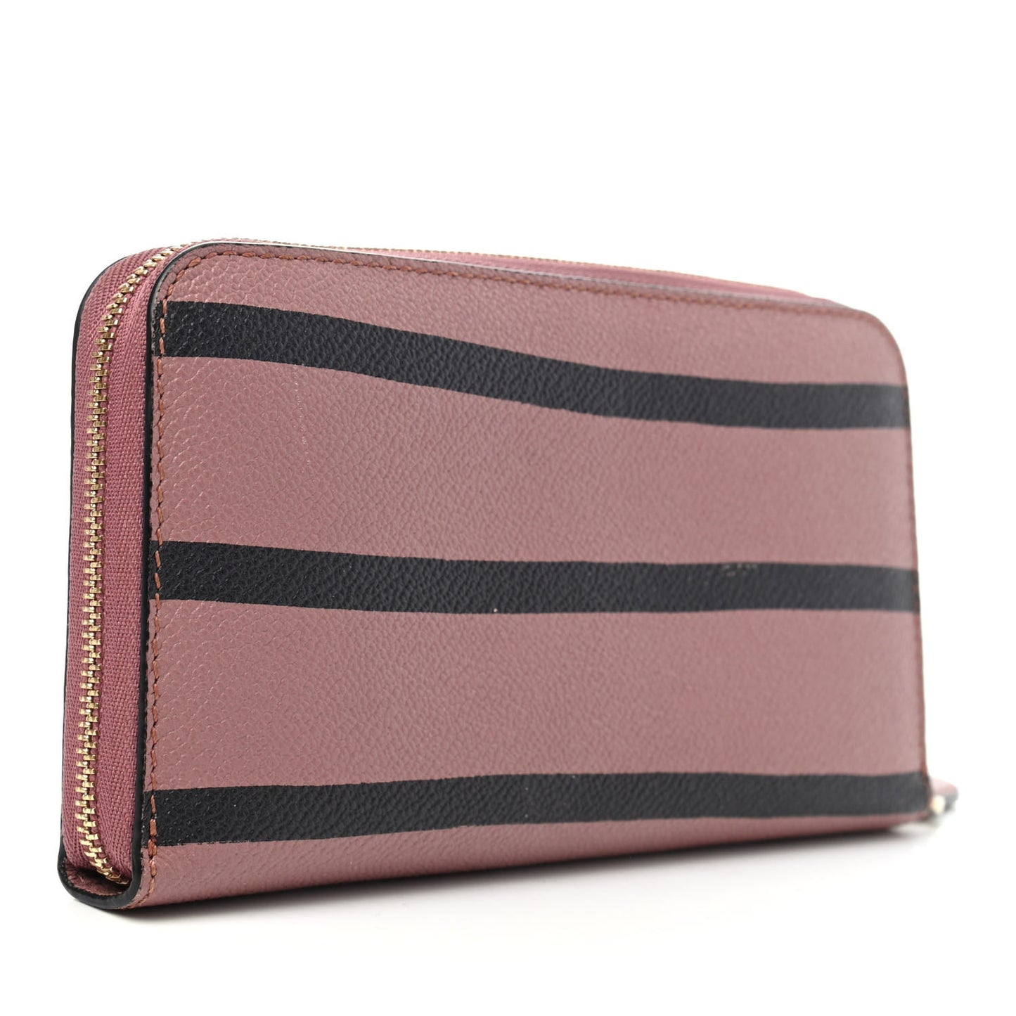 Grainy Calfskin Striped Long Zip Around Wallet Pink Black