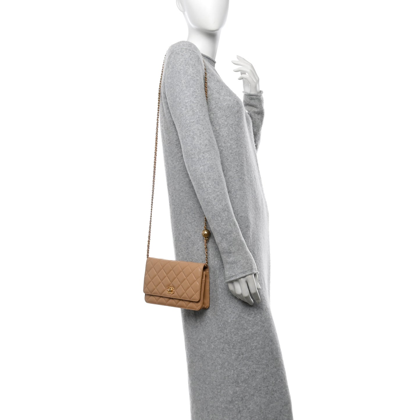 Lambskin Quilted CC Pearl Crush Wallet on Chain WOC Beige