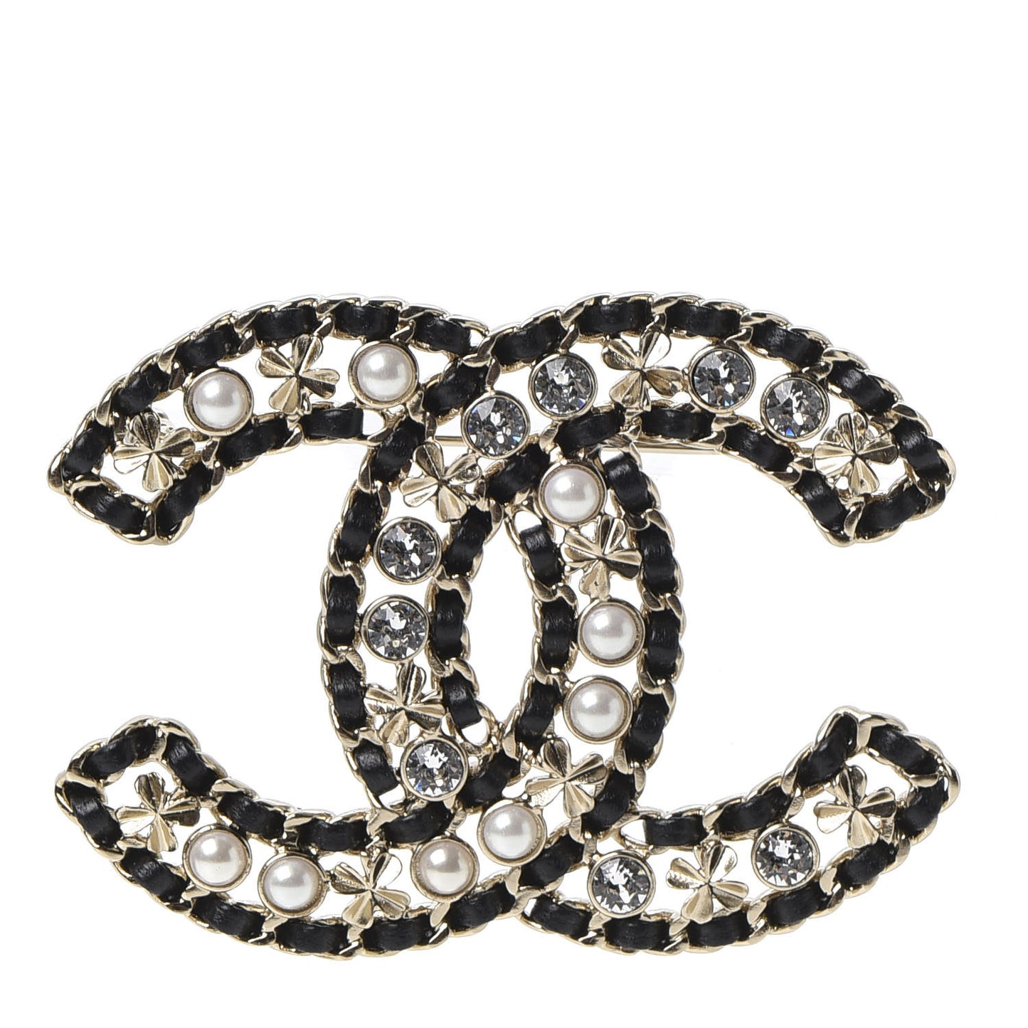 Metal Lambskin Crystal Sergeant Brooch Black Gold