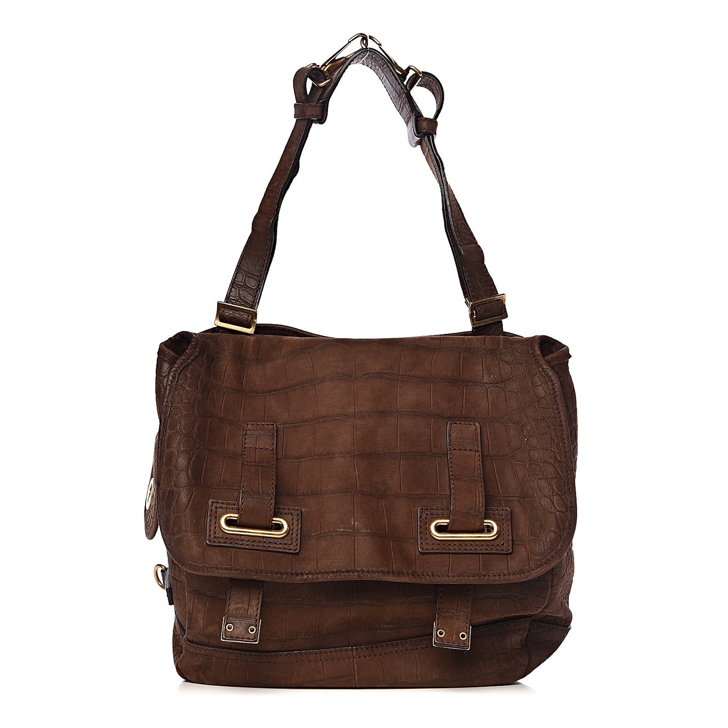 Crocodile Embossed Nubuck Besace Shoulder Bag Brown Sand