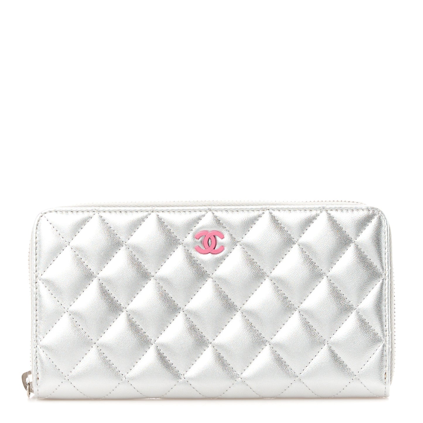 Metallic Lambskin Quilted Large Gusset Zip Around Wallet Silver Pink