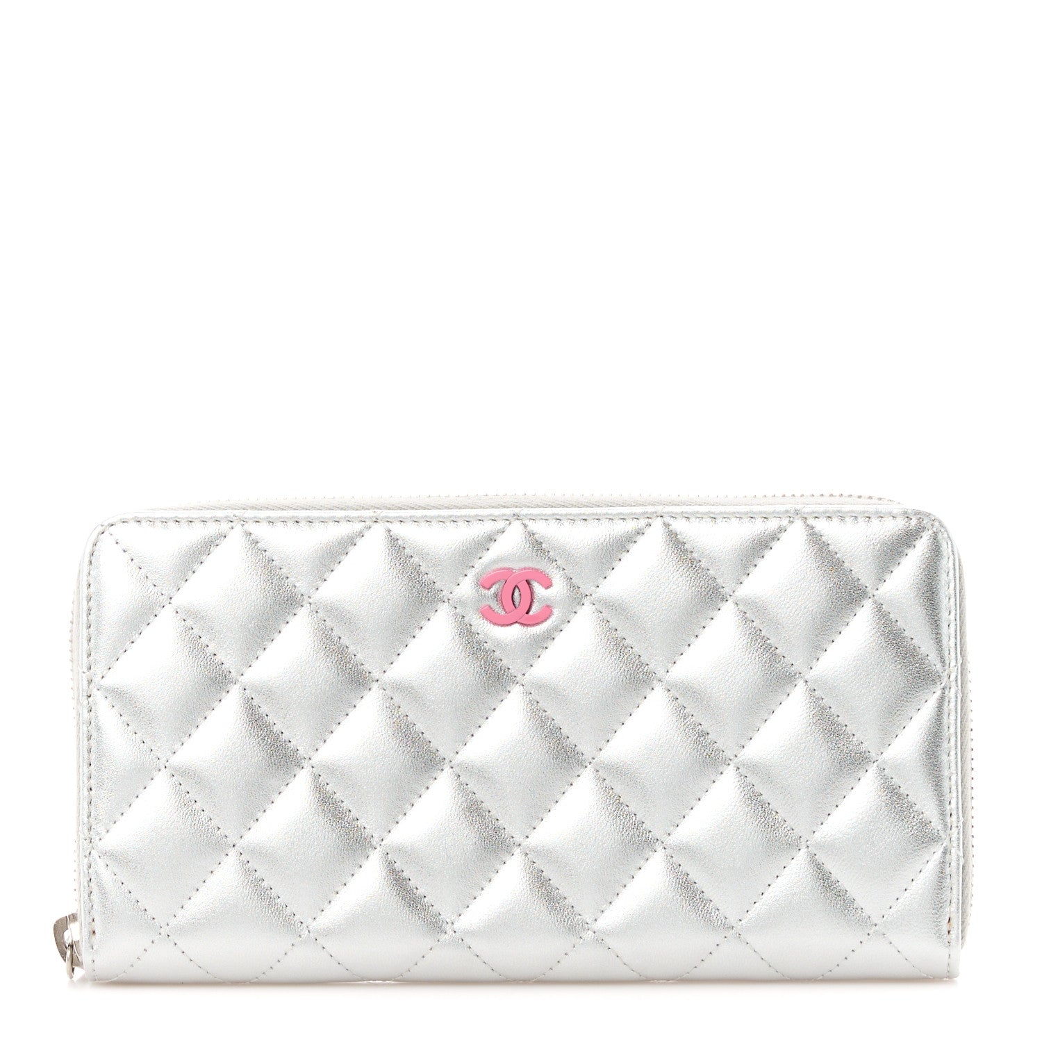 Chanel Metallic Lambskin Quilted Large Gusset Zip Around Wallet Silver Pink 1 of 12