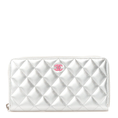 Chanel Metallic Lambskin Quilted Large Gusset Zip Around Wallet Silver Pink 1 of 12