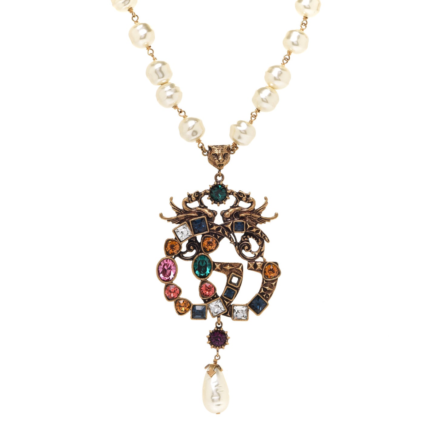 Crystal Pearl Marmont Dragon Necklace Aged Gold Multicolor