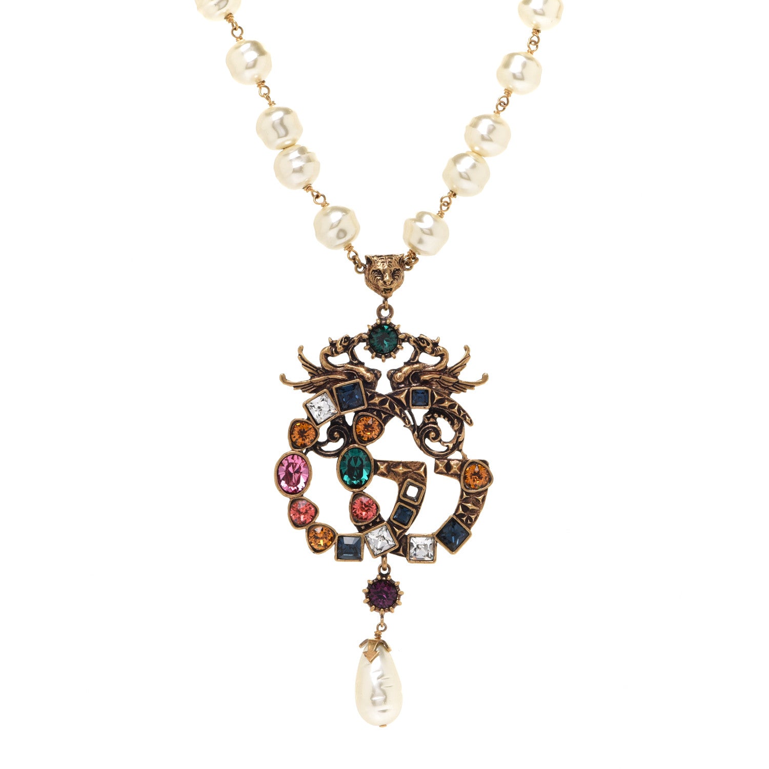 Gucci Crystal Pearl Marmont Dragon Necklace Aged Gold Multicolor 1 of 7