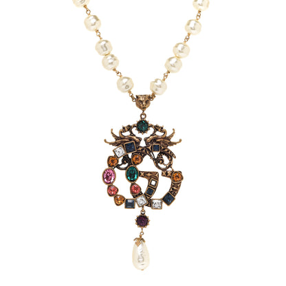 Gucci Crystal Pearl Marmont Dragon Necklace Aged Gold Multicolor 1 of 7