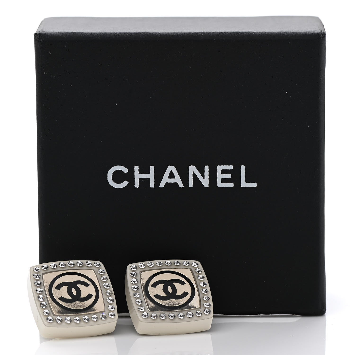 Chanel Metal Resin Crystal CC Square Earrings Gold White Black 5 of 5