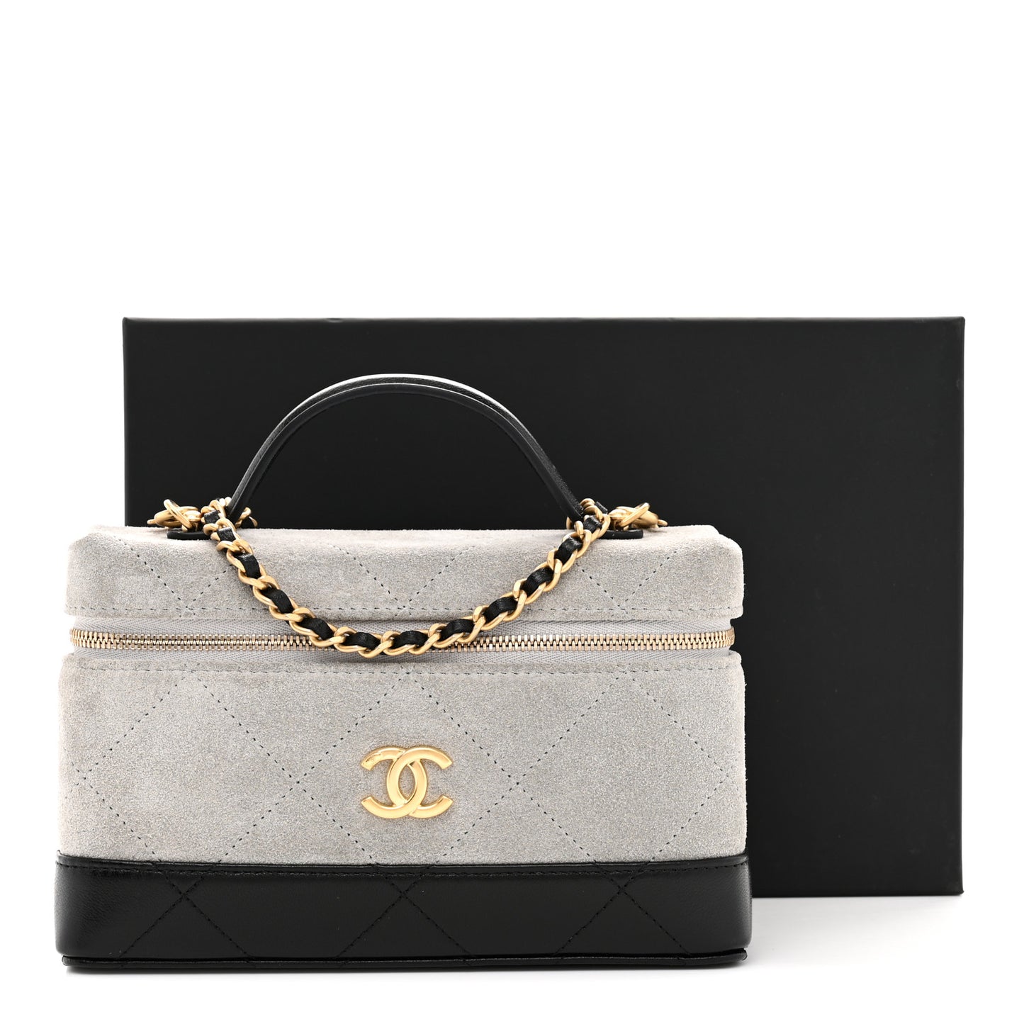 Suede Calfskin Shiny Lambskin Quilted Top Handle Slim Vanity Case With Chain Grey Black