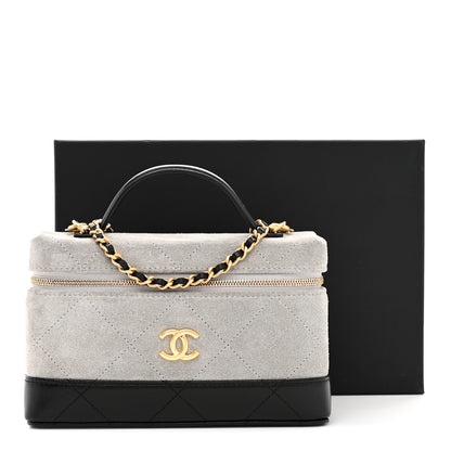 Chanel Suede Calfskin Shiny Lambskin Quilted Top Handle Slim Vanity Case With Chain Grey Black 12 of 12
