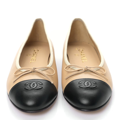 Chanel Lambskin Cap Toe CC Ballerina Flats 39 Beige Black 2 of 8