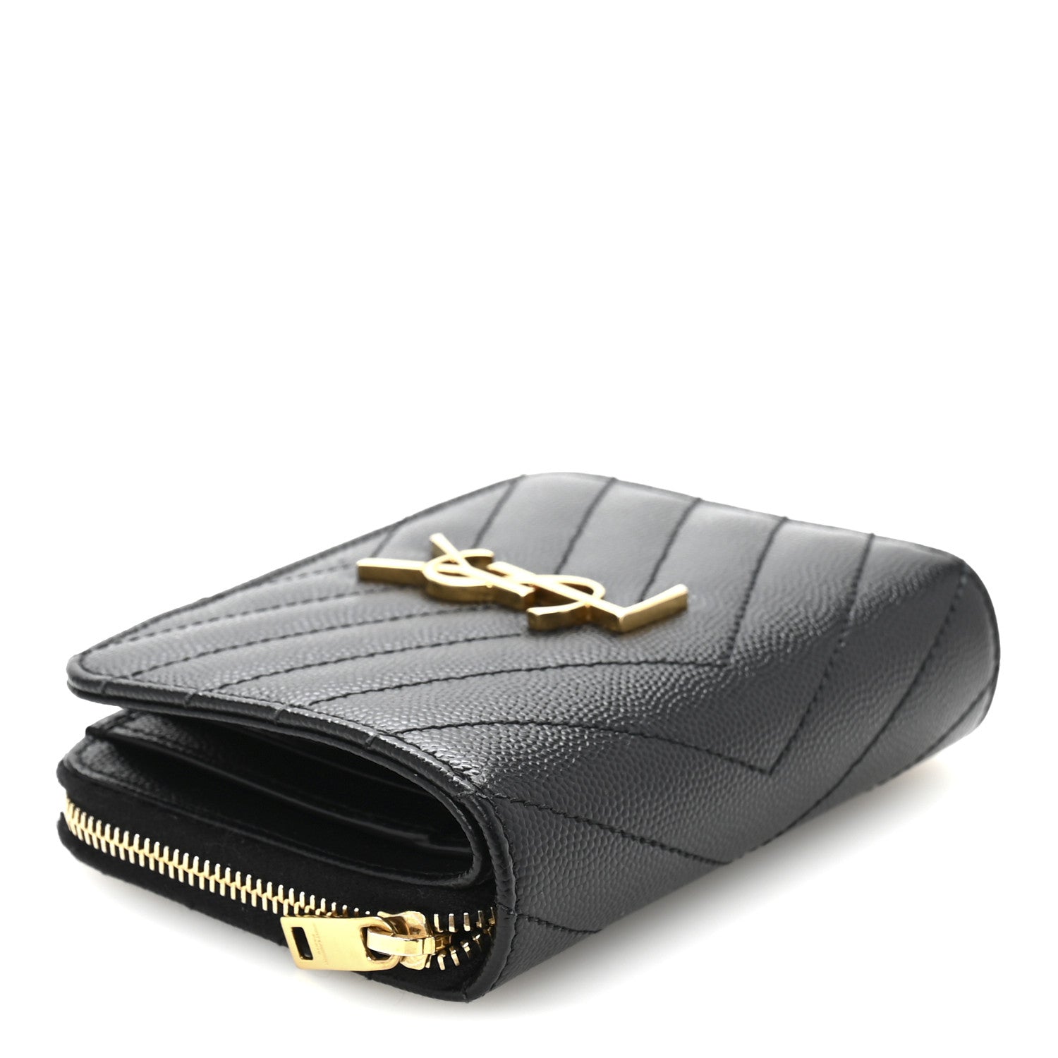 Saint Laurent Grain De Poudre Matelasse Chevron Monogram Compact Zip Around Wallet Black 4 of 9
