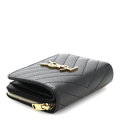 Saint Laurent Grain De Poudre Matelasse Chevron Monogram Compact Zip Around Wallet Black 4 of 9