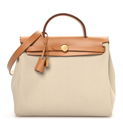 Hermes Military Toile Vache Hunter Herbag Zip Retourne 31 PM Beton Naturel 1 of 11