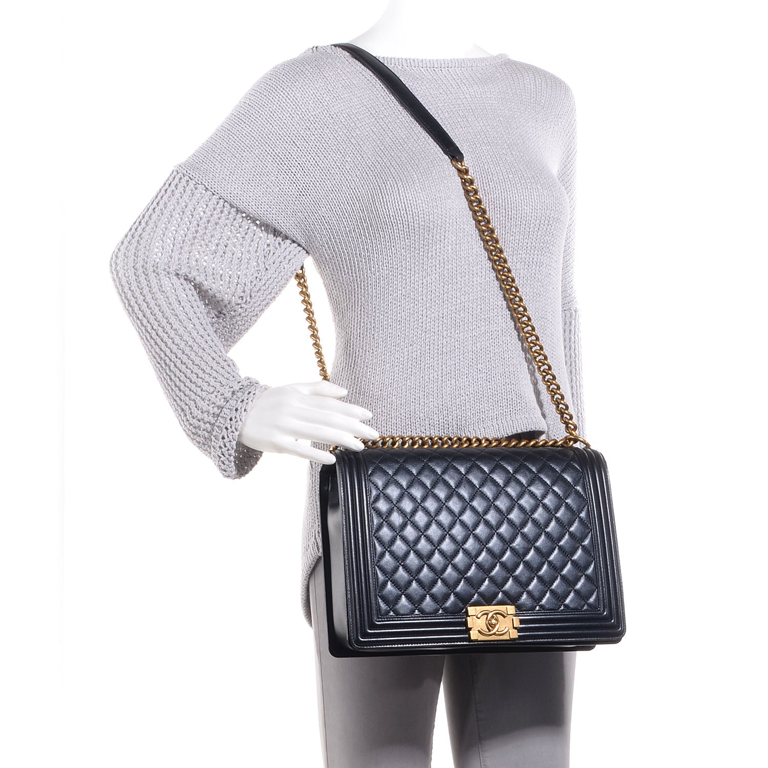 Chanel Lambskin Quilted Large Boy Flap Pearl Black 2 of 8