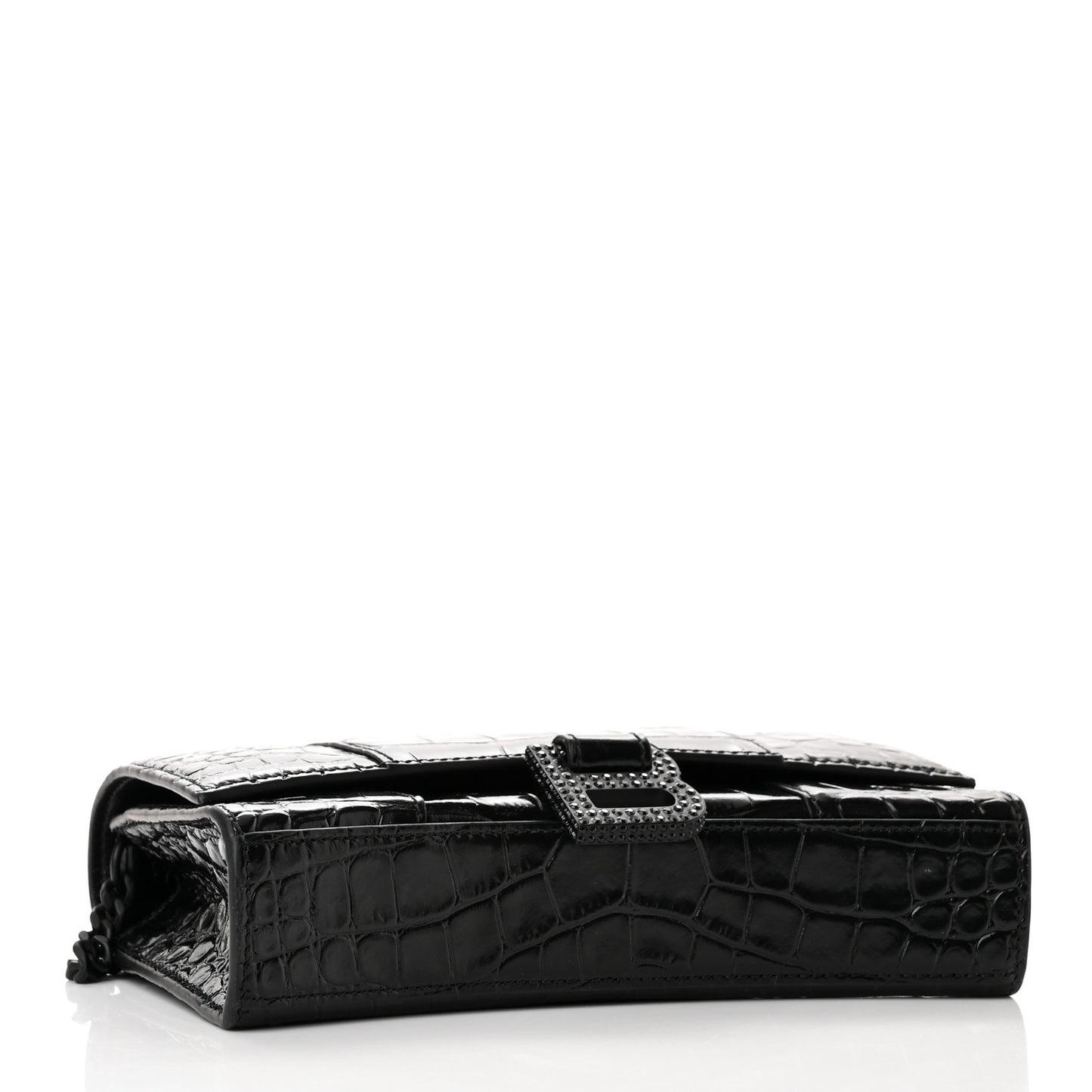 Shiny Calfskin Monochrome Crocodile Embossed Hourglass Chain Bag Black