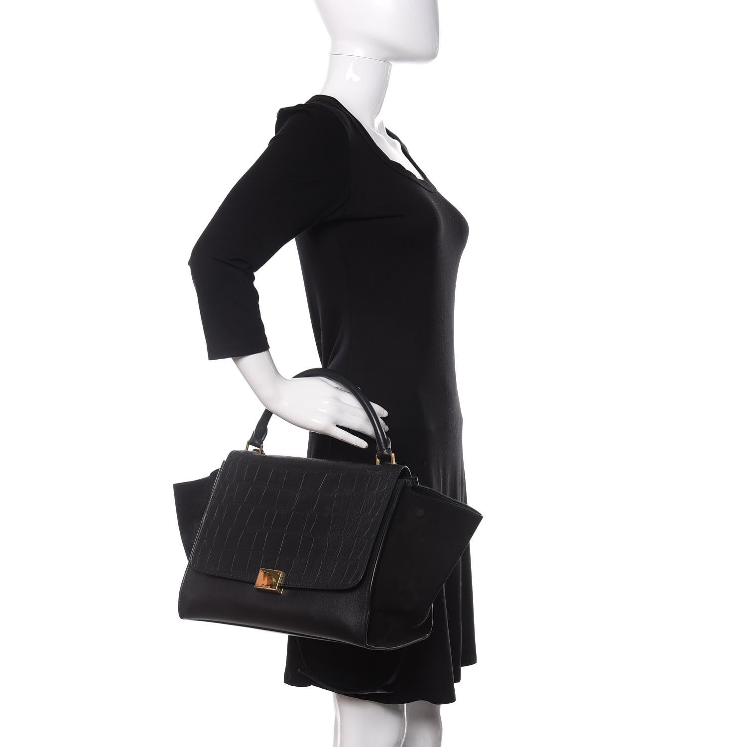 Celine Crocodile Embossed Calfskin Suede Medium Trapeze Black 3 of 15