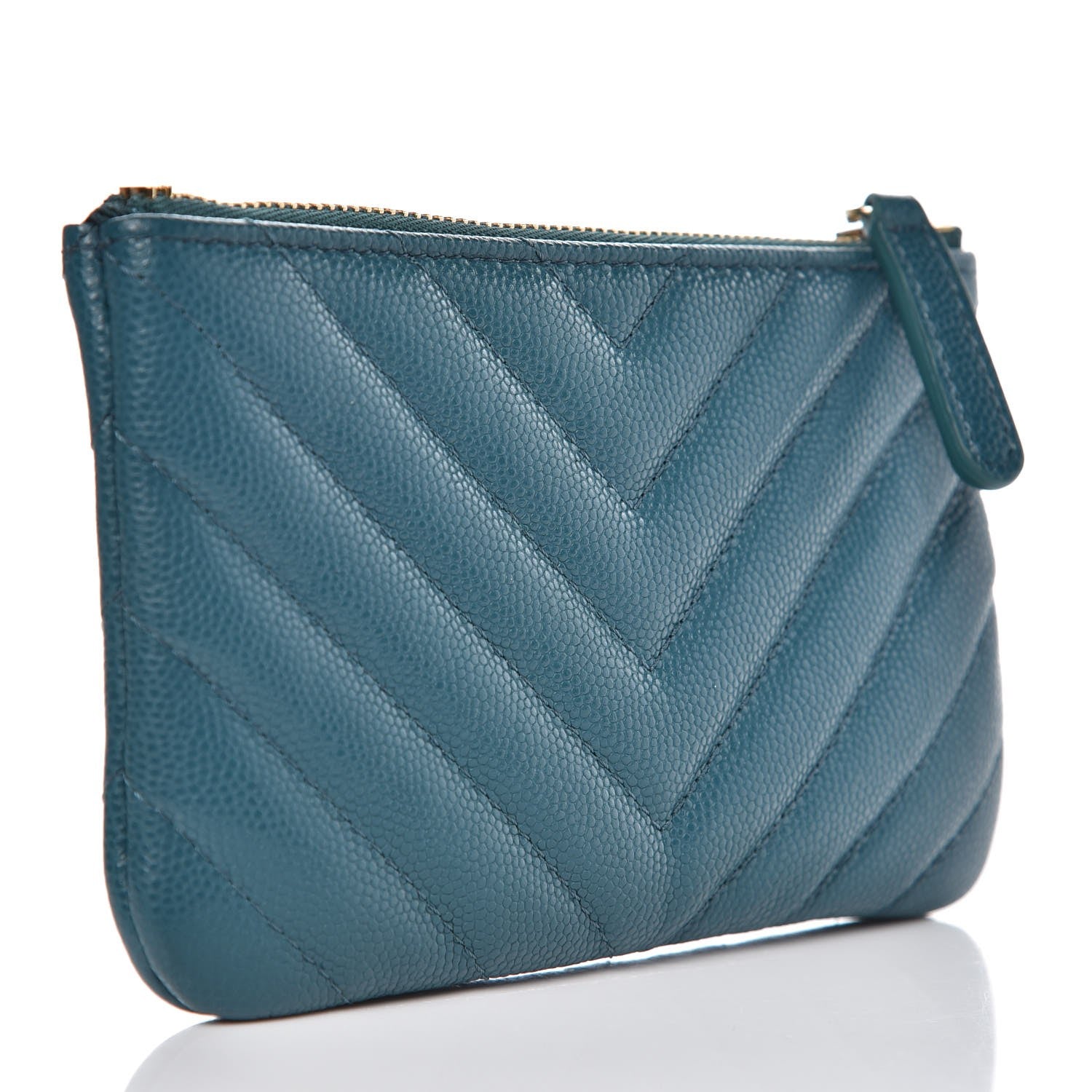 Chanel Caviar Chevron Quilted Small Cosmetic Case Dark Turquoise 3 of 8
