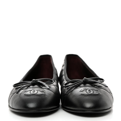 Chanel Aged Calfskin Quilted CC Cap Toe Ballerina Flats 37.5 Black 3 of 9