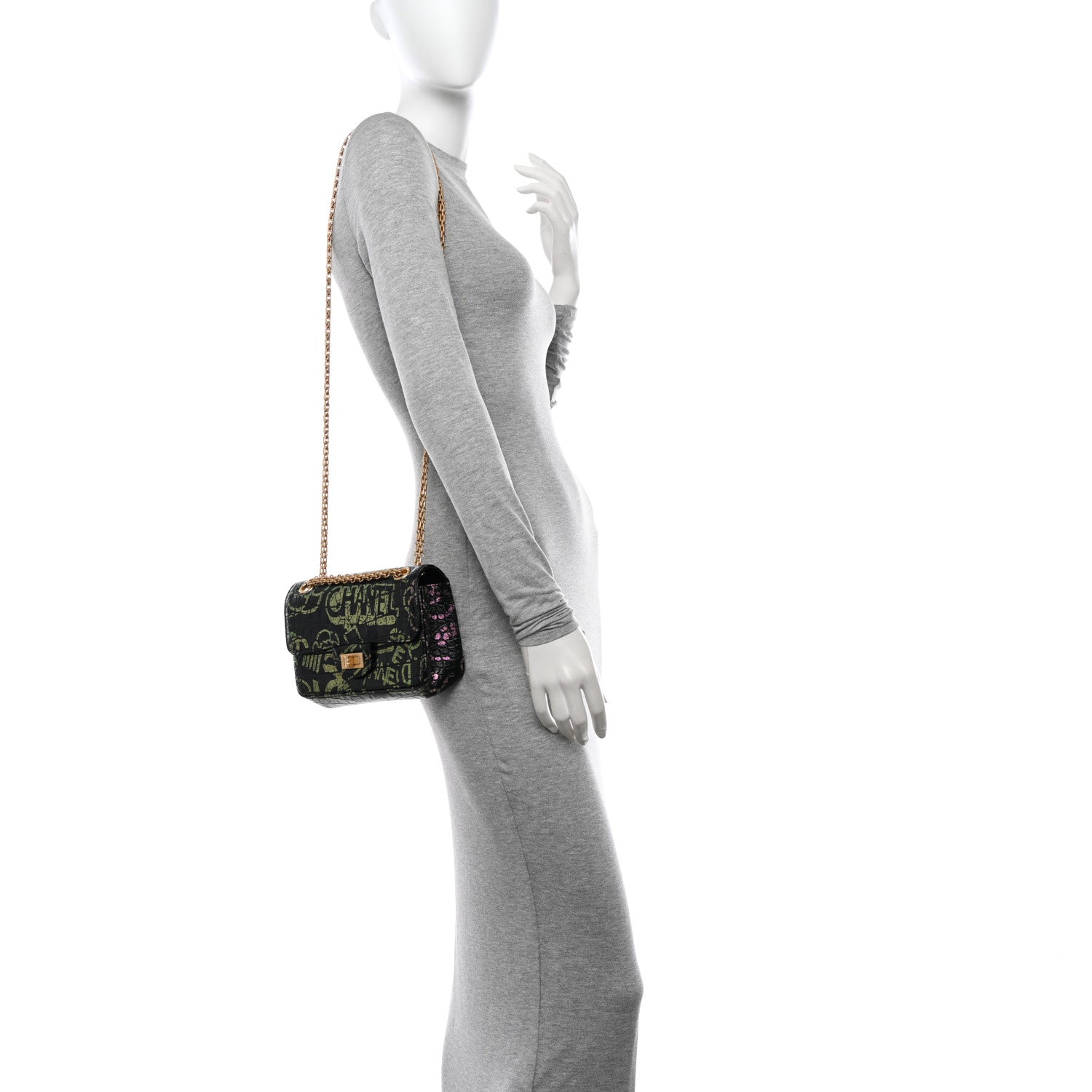 Chanel Calfskin Crocodile Embossed Graffiti 2.55 Mini Cocodile Reissue Flap Black Pink 2 of 11