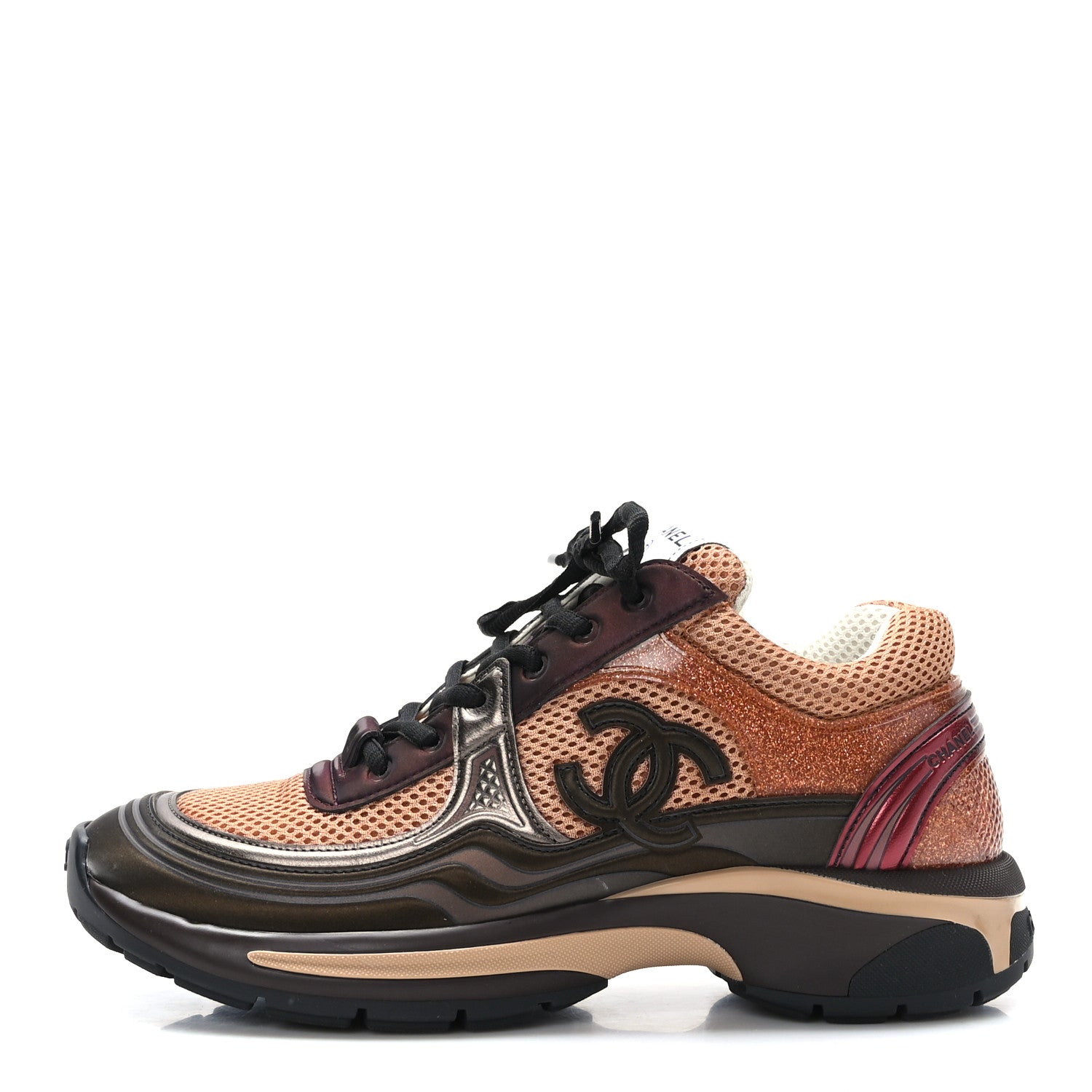 Chanel Fabric Laminated Calfskin Stretch CC Womens Sneakers 38 Brown Dark Grey 1 of 8