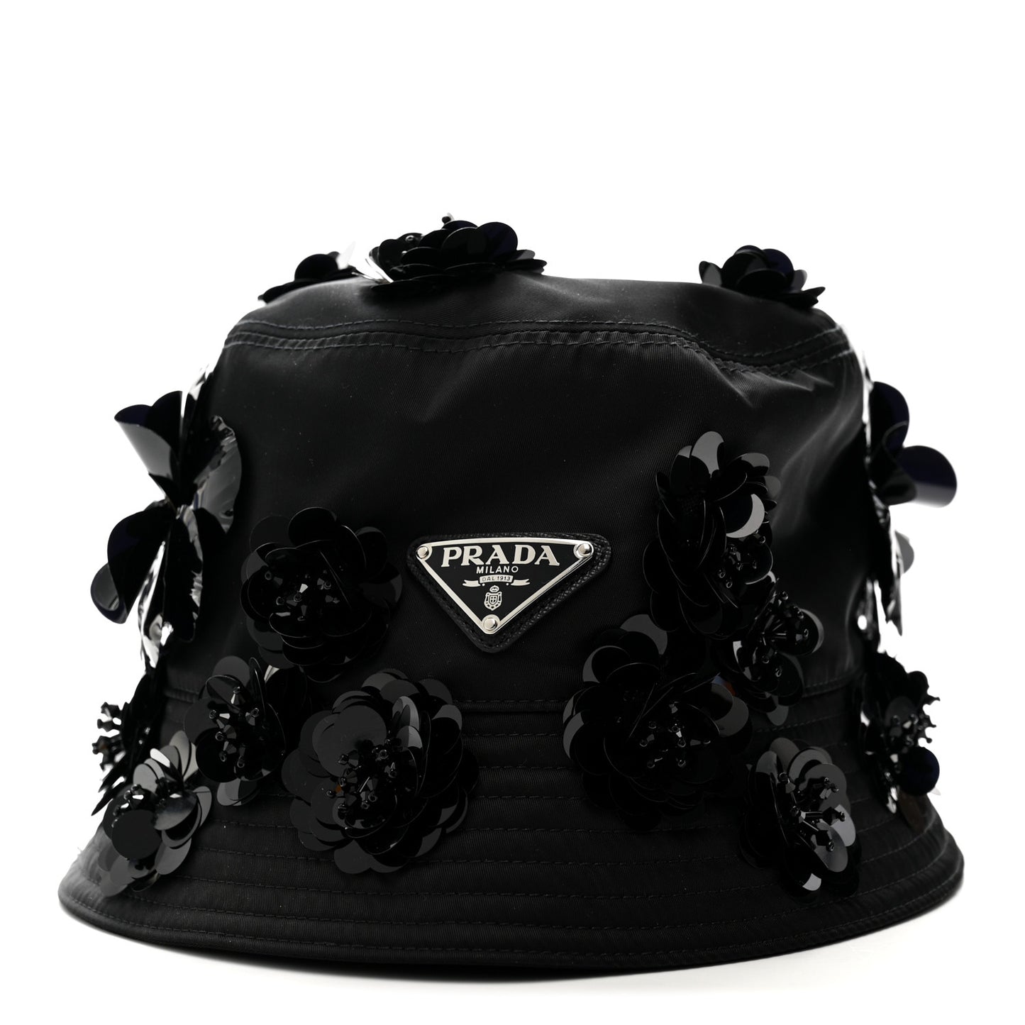 Re-Nylon Metal Triangle Logo Sequin Floral Embellished Bucket Hat L Black