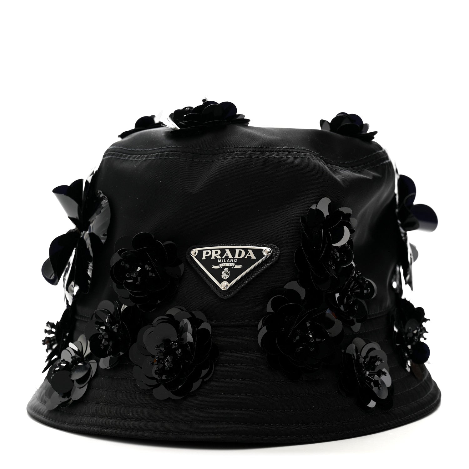 Prada Re-Nylon Metal Triangle Logo Sequin Floral Embellished Bucket Hat L Black 3 of 8