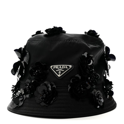Prada Re-Nylon Metal Triangle Logo Sequin Floral Embellished Bucket Hat L Black 3 of 8